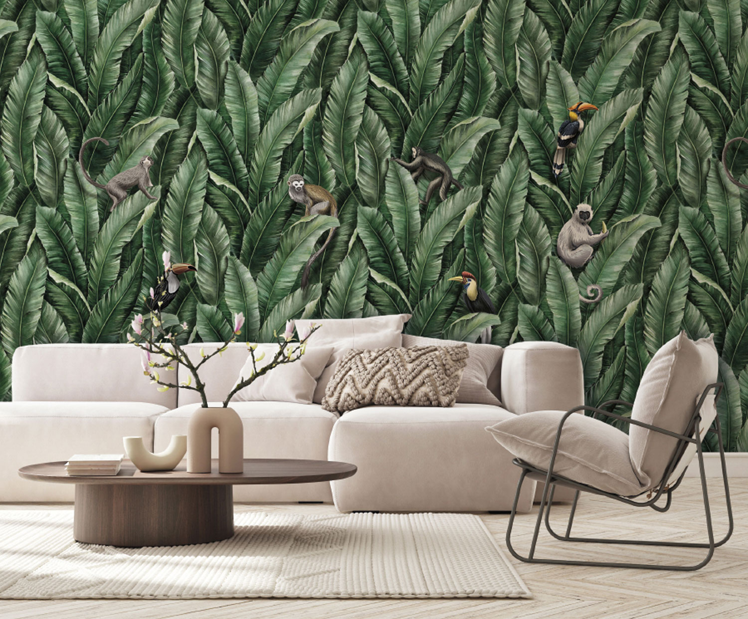 Luxury wall mural, leaves, monkeys and birds, Z77595, Savana, Zambaiti Parati