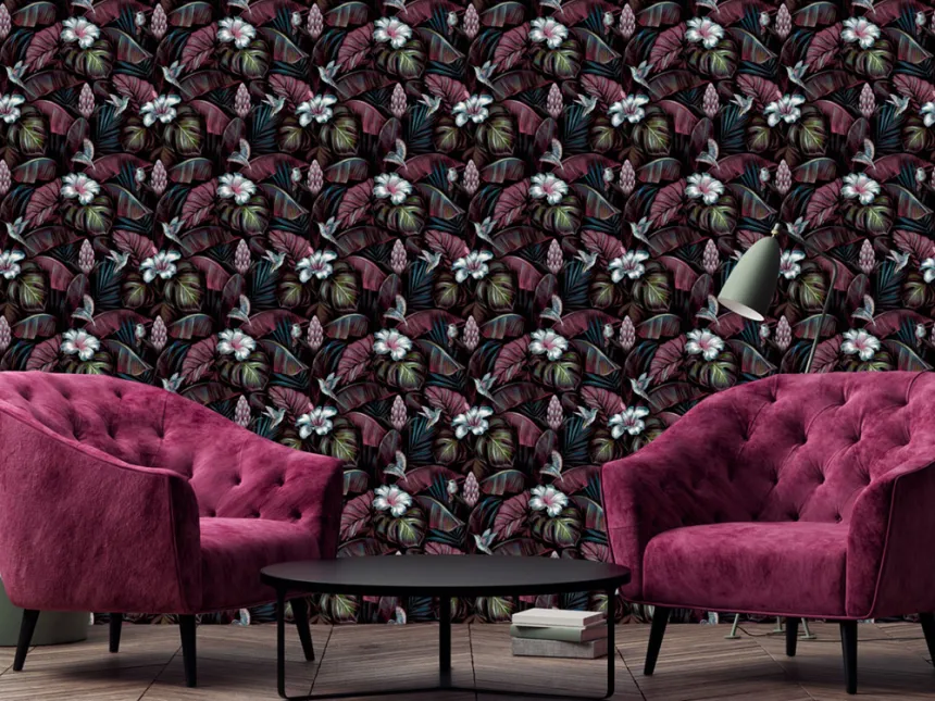 Non-woven wallpaper, pink, flowers, leaves, hummingbirds, NHW1001, Perla, Decoprint