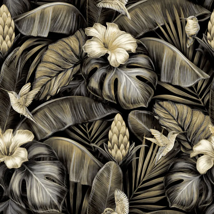 Non-woven wallpaper, beige, flowers, leaves, hummingbirds, NHW1002, Perla, Decoprint