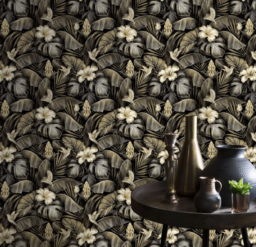 Non-woven wallpaper, beige, flowers, leaves, hummingbirds, NHW1002, Perla, Decoprint