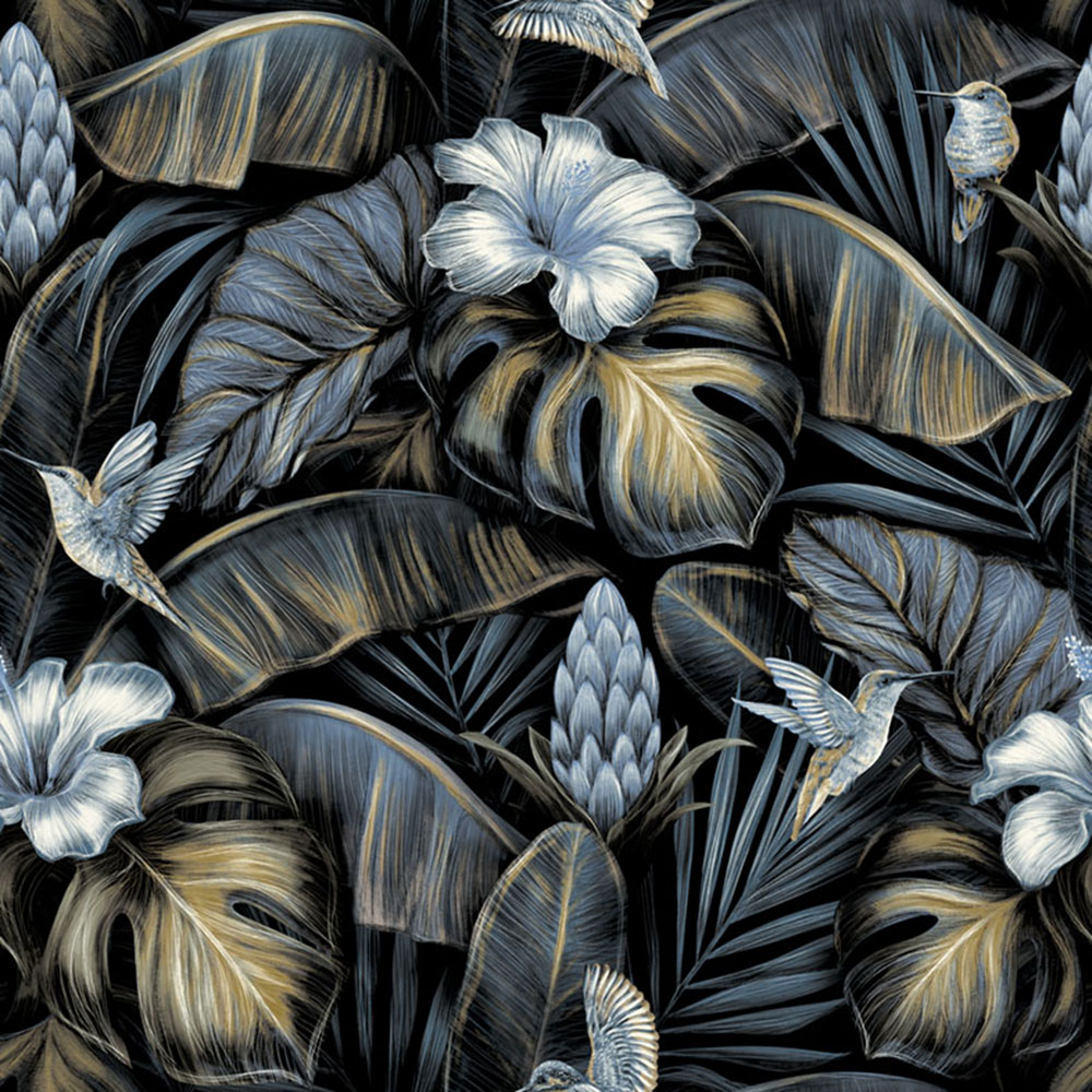 Non-woven wallpaper, blau, flowers, leaves,  hummingbirds, NHW1003, Perla, Decoprint