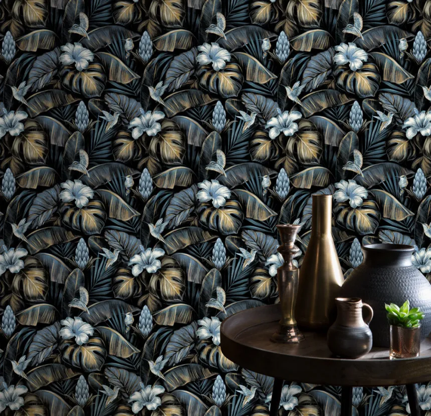 Non-woven wallpaper, blau, flowers, leaves, hummingbirds, NHW1003, Perla, Decoprint