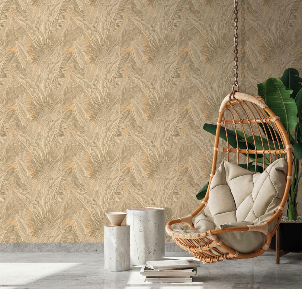 Non-woven wallpaper, beige, leaves, NHW1014, Perla, Decoprint