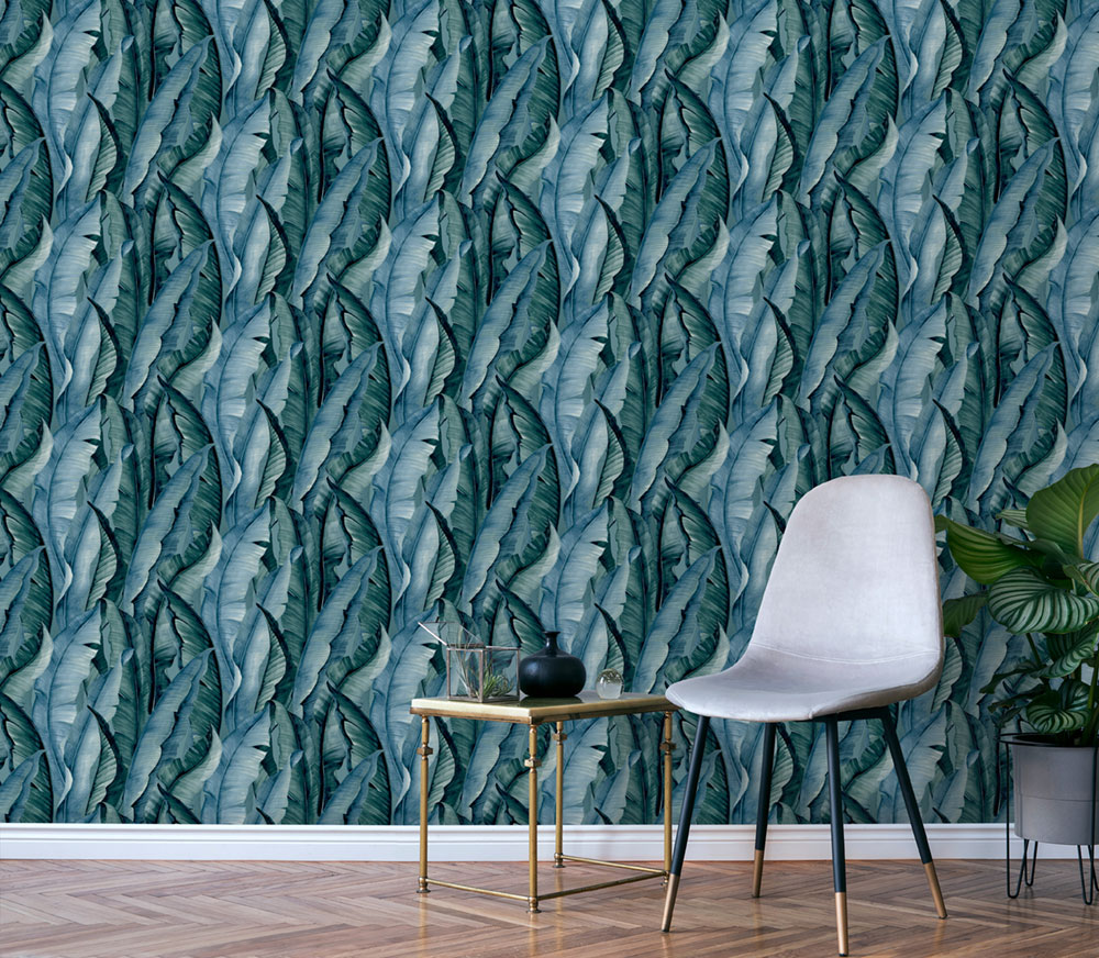 Non-woven wallpaper, blau-green, leaves, NHW1040, Perla, Decoprint