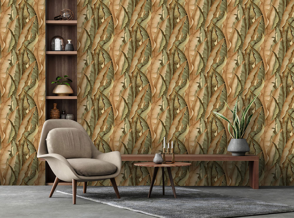 Non-woven wallpaper, brown-green, leaves, NHW1042, Perla, Decoprint