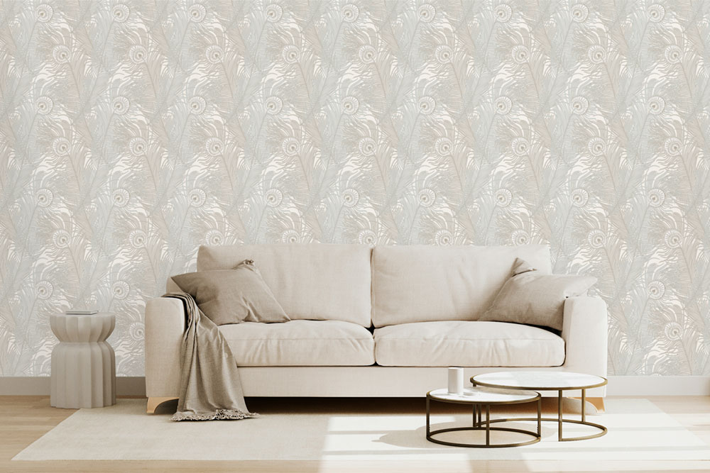 Non-woven wallpaper, cream, peacock feathers, NHW1044, Perla, Decoprint