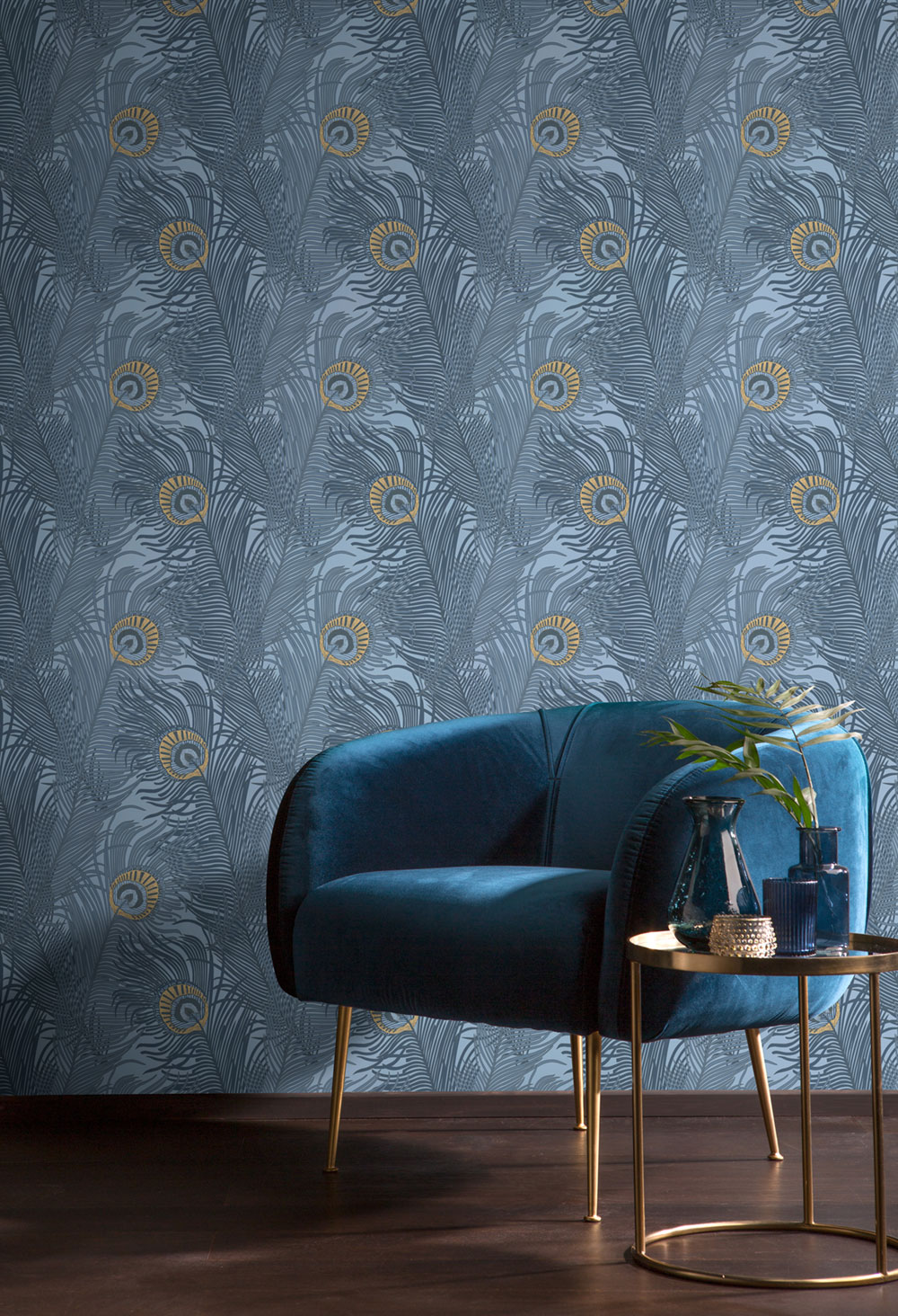 Non-woven wallpaper, blau, peacock feathers, NHW1046, Perla, Decoprint