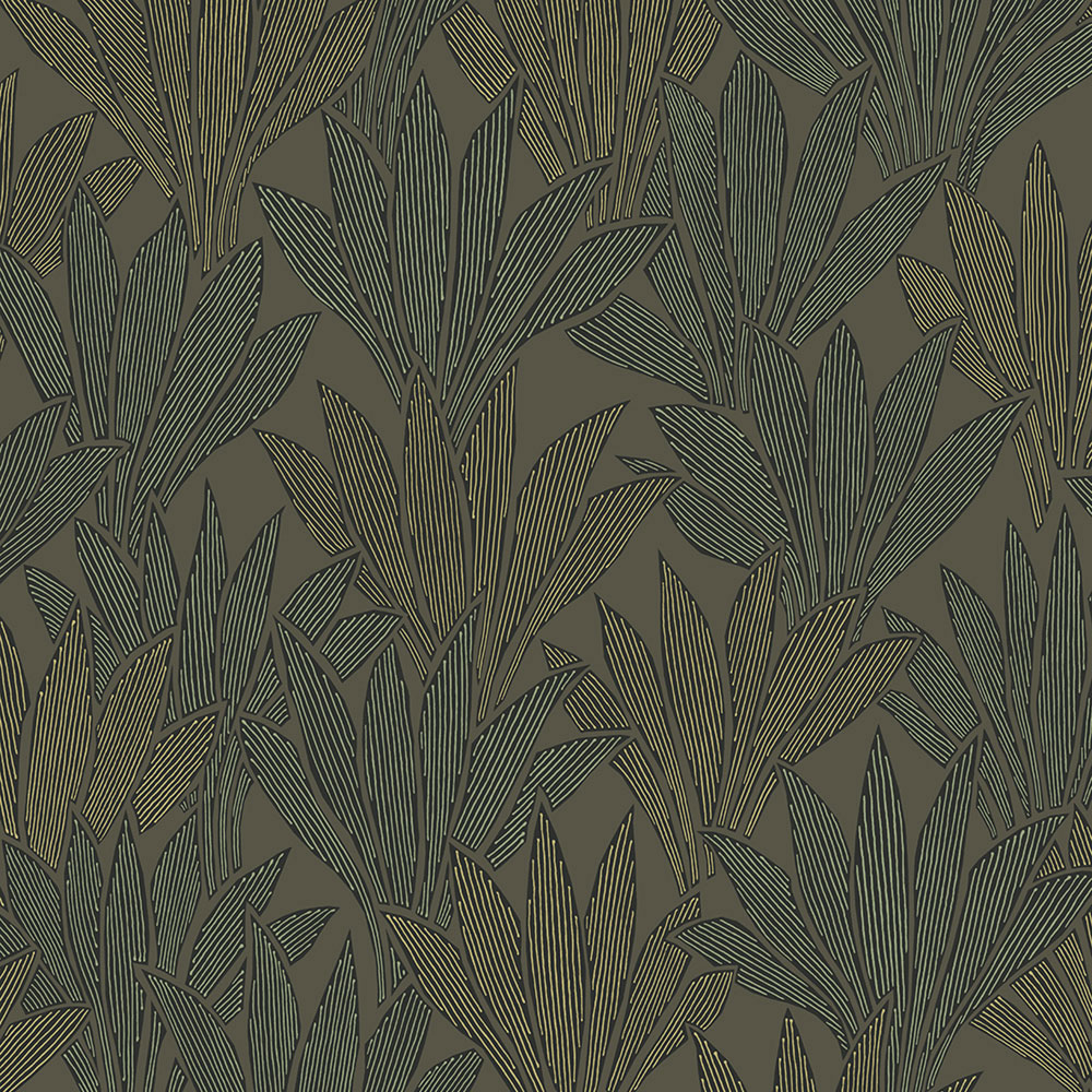 Gray-green non-woven wallpaper with leaves, 340152, Gilded, Eijffinger