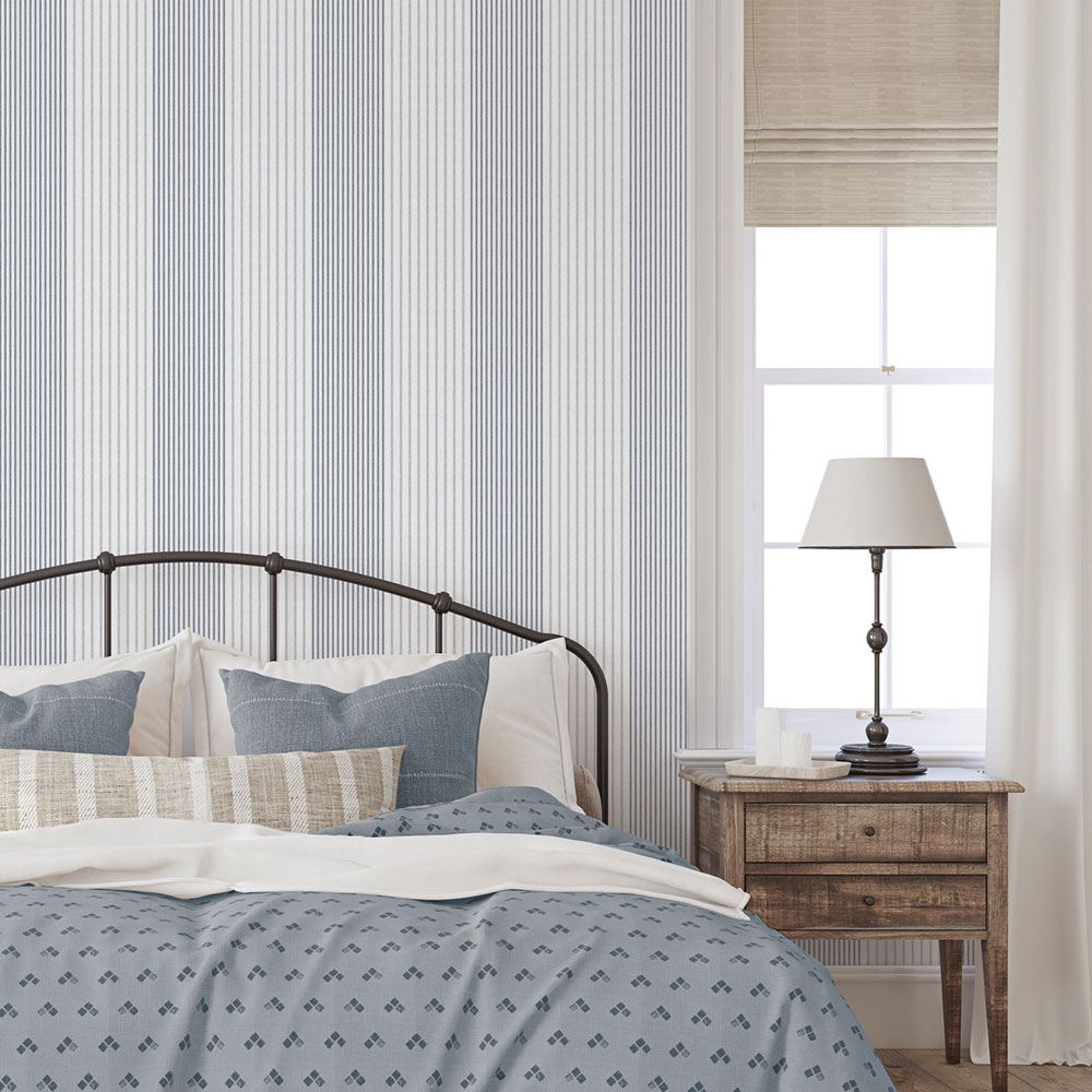Non-woven wallpaper, blue, stripes,  9811-1, Essential Stripes, ICH Wallcoverings