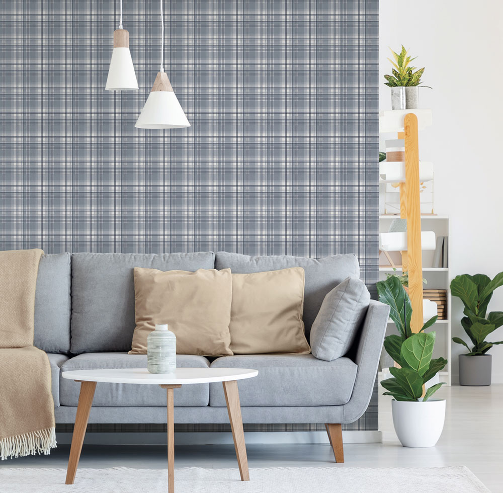 Non-woven wallpaper, blue, checkered,  9819-1, Essential Stripes, ICH Wallcoverings