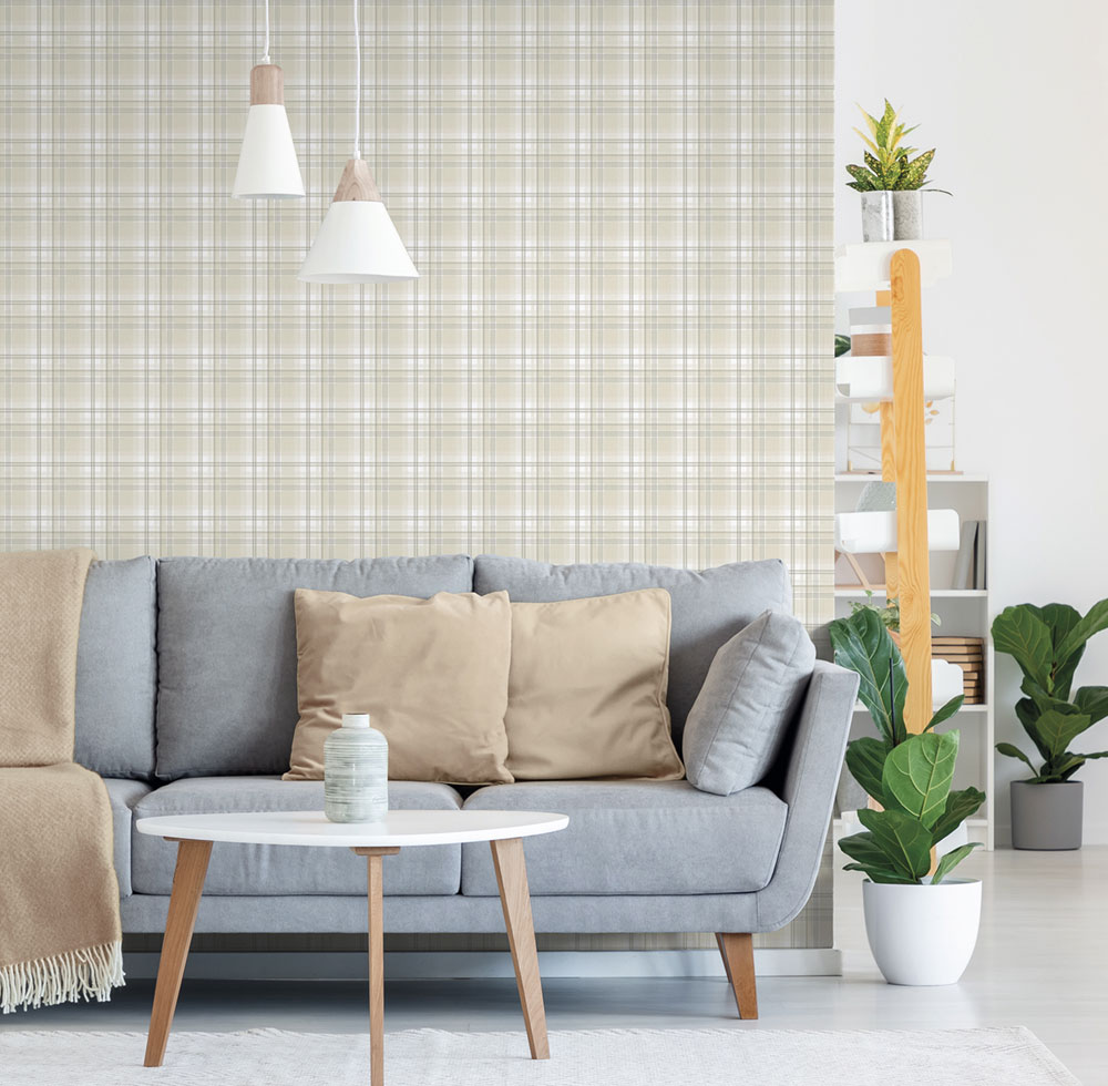 Non-woven wallpaper, beige, checkered,  9819-2, Essential Stripes, ICH Wallcoverings