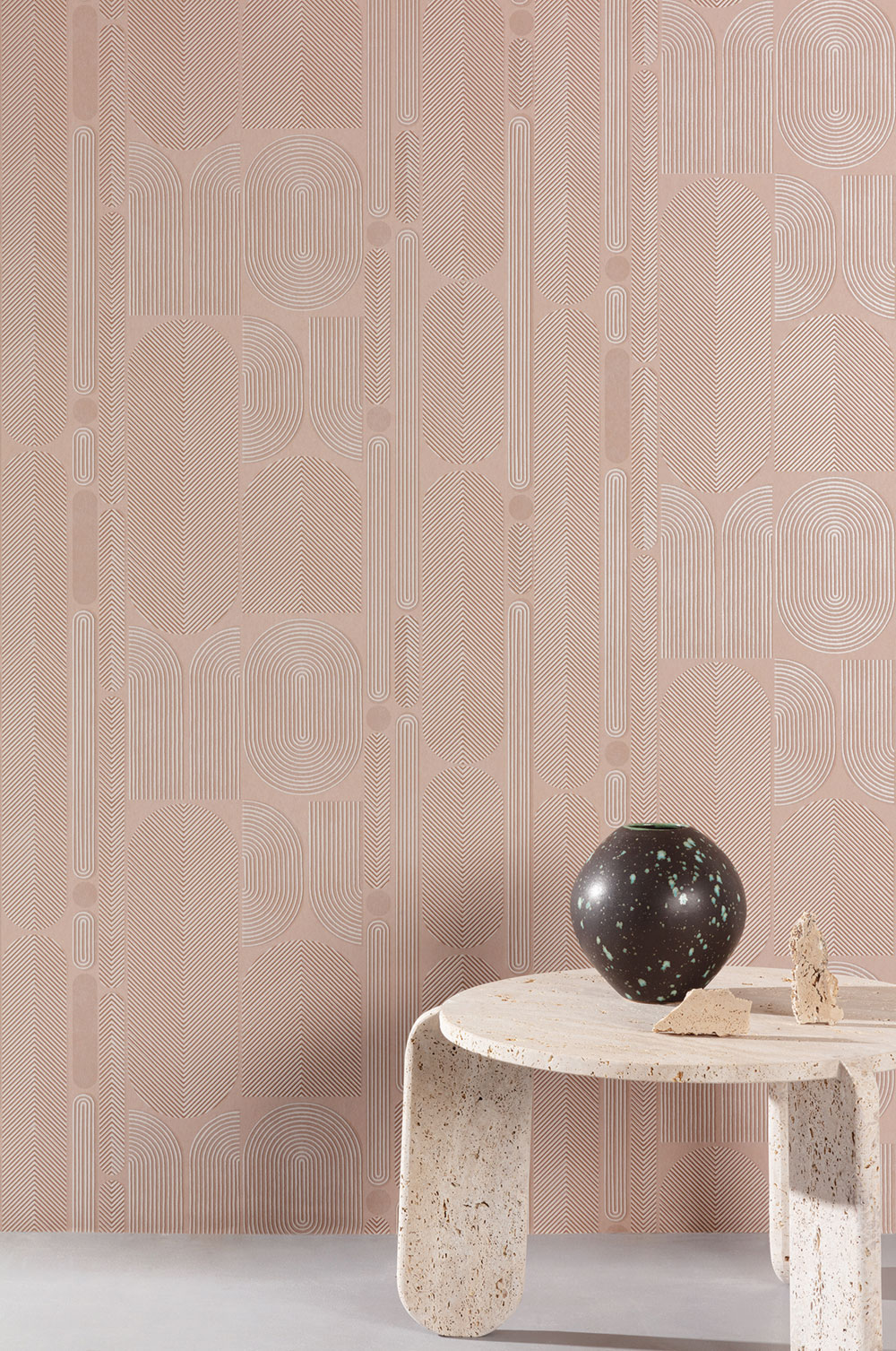 Geometric non-woven wallpaper, gray-beige, ovals, ROC201, Rock, Masureel