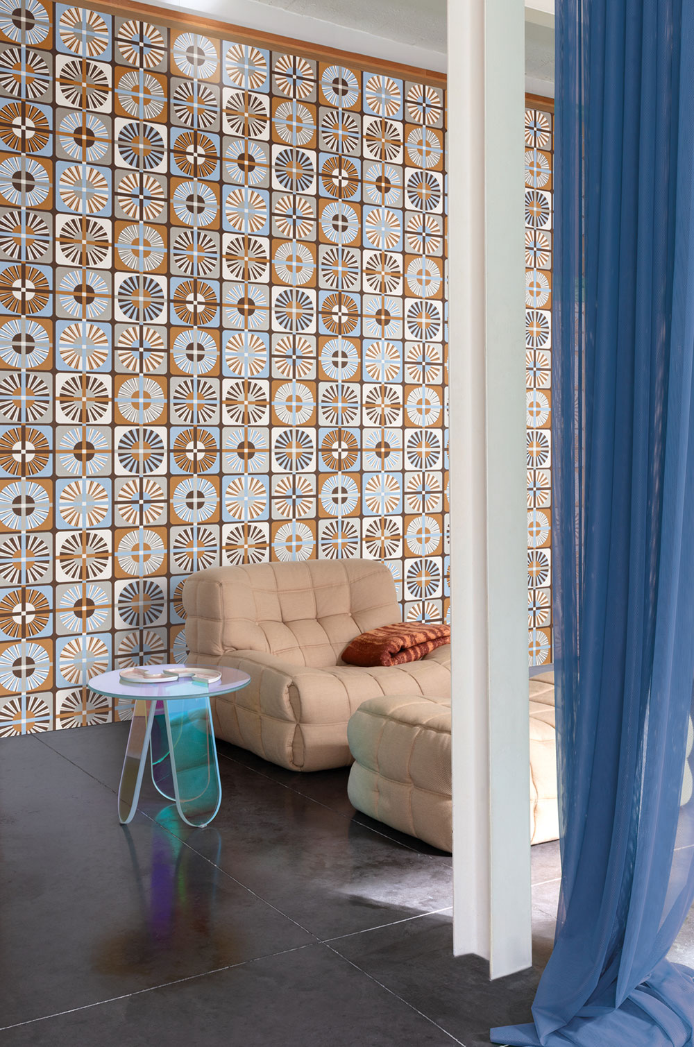 Non-woven wallpaper, blue-brown, retro, ROC402, Rock, Masureel