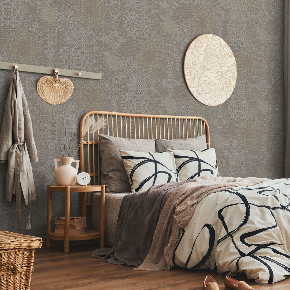 Luxury non-woven wallpaper, gray-brown, fabric imitation, 1409-4, Dante, AdaWall