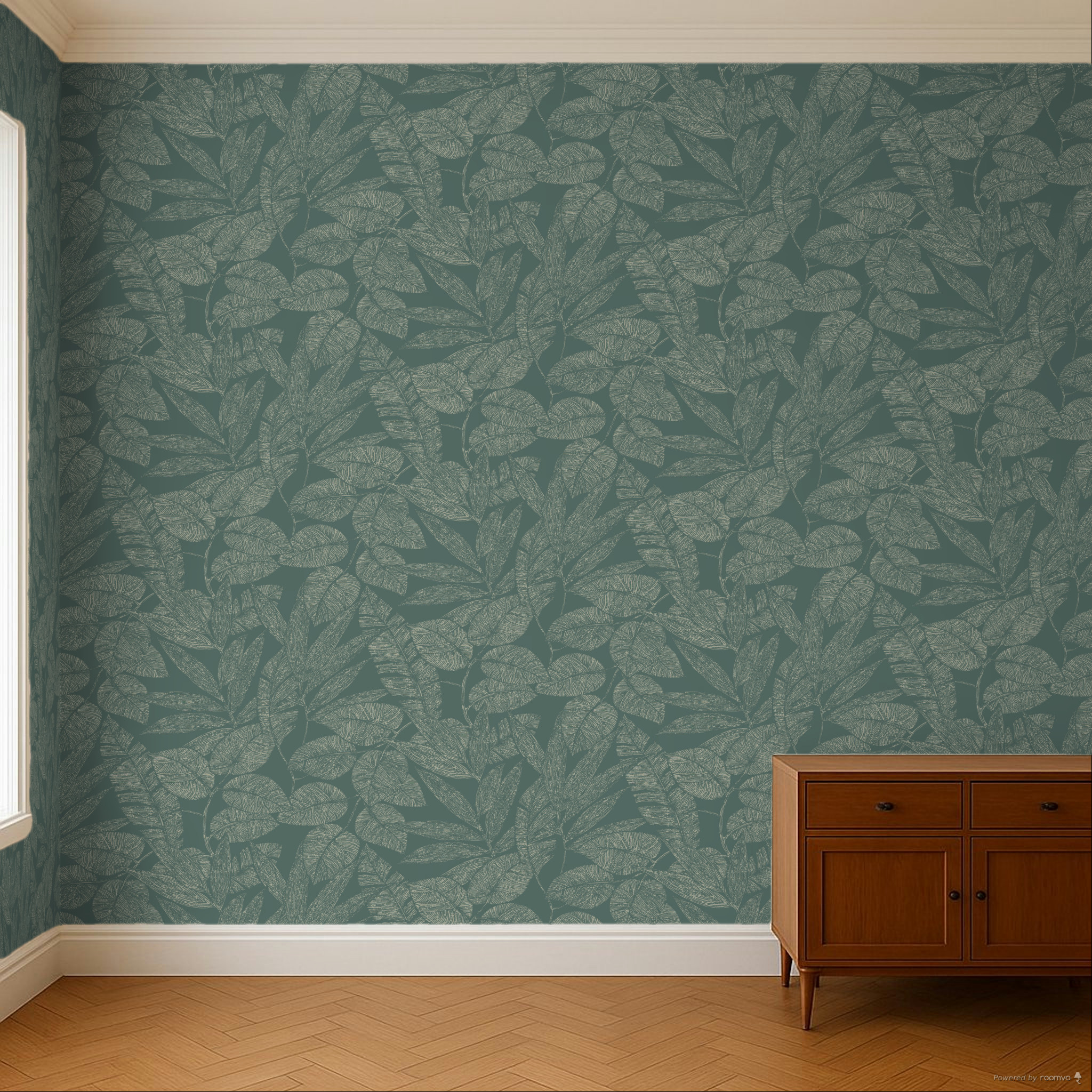 Green non-woven wallpaper with leaves, A69503, Omura, Grandeco
