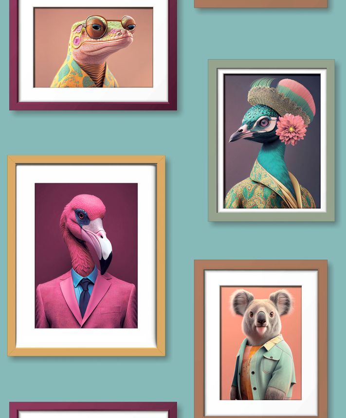 Non-woven wallpaper, turquoise, frames, animals, M76104, Artifice, Ugépa