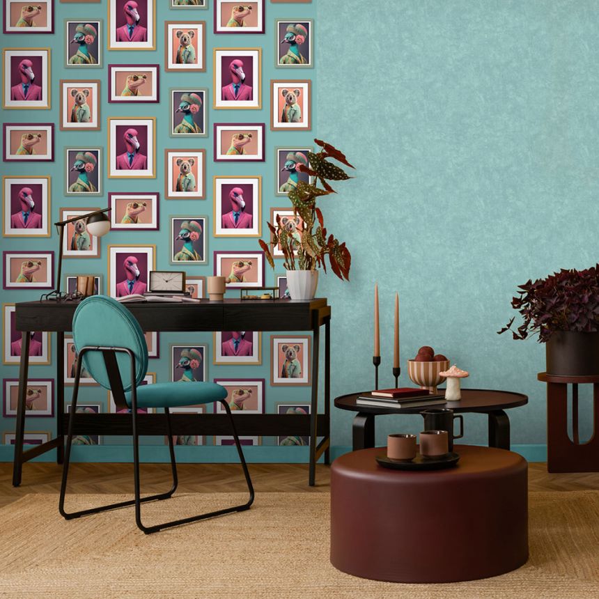 Non-woven wallpaper, turquoise, frames, animals, M76104, Artifice, Ugépa