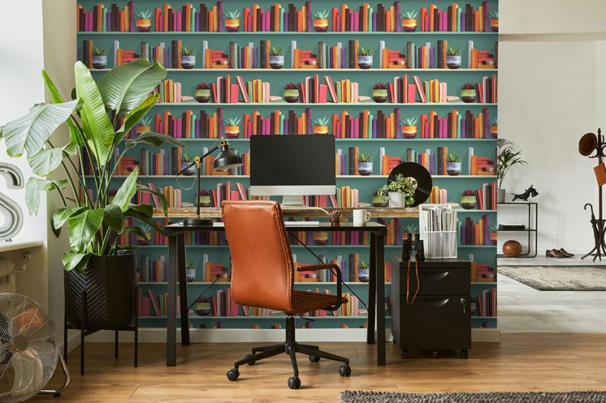 Non-woven wallpaper, green, shelf, bookcase, M79504, Artifice, Ugépa