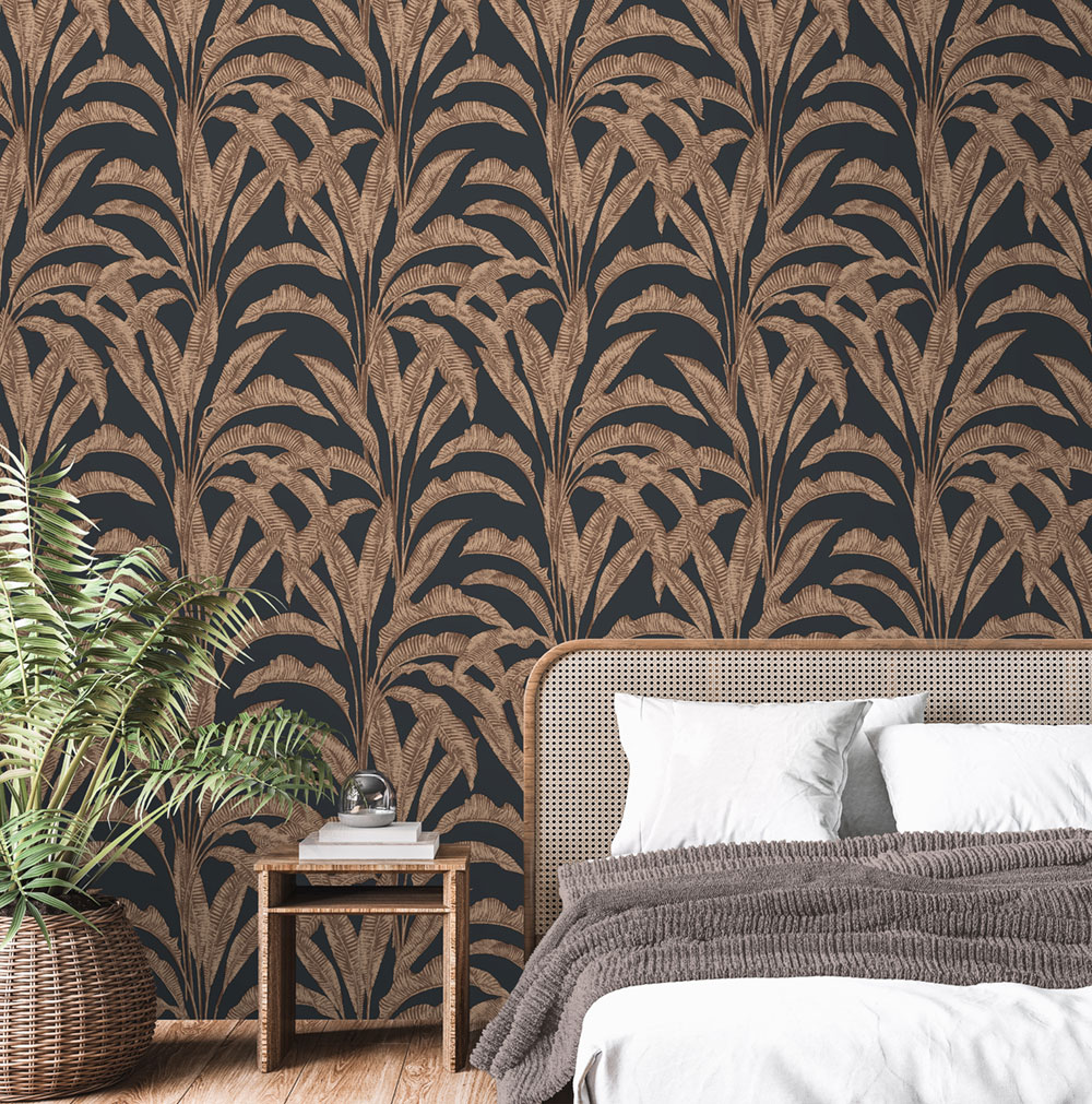 Non-woven wallpaper, black, leaves, M61905, Nomade, Ugépa