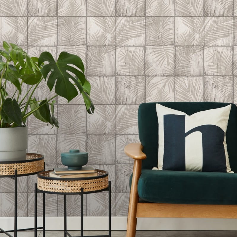 Non-woven wallpaper, grey-beige, paneling, leaves, M68907, Nomade, Ugépa
