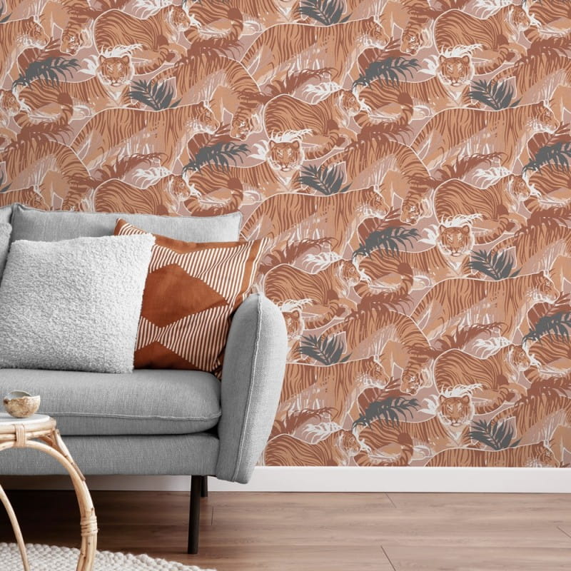 Non-woven wallpaper, brown-orange, tigers, leaves, M69505, Nomade, Ugépa