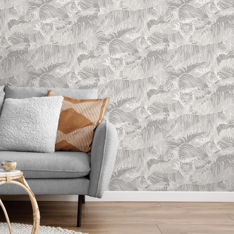 Non-woven wallpaper, grey, tigers, leaves, M69509, Nomade, Ugépa