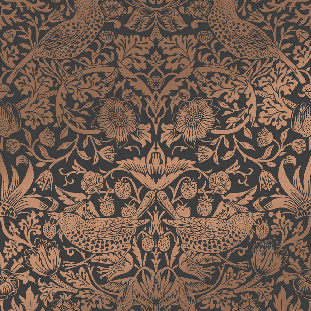 Non-woven wallpaper, black-bronze, flowers, birds, 124236, William Morris At Home