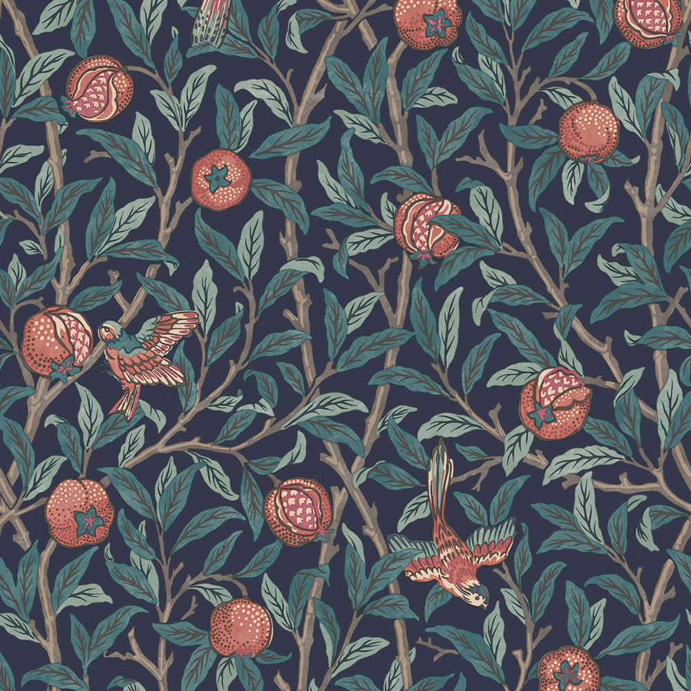 Non-woven wallpaper, blue, branches, birds, 124259, William Morris At Home