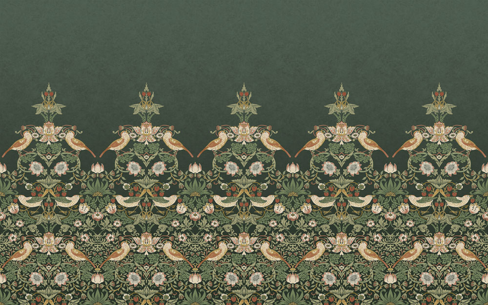 Non-woven wall mural, green, flowers, birds, 125310, William Morris At Home