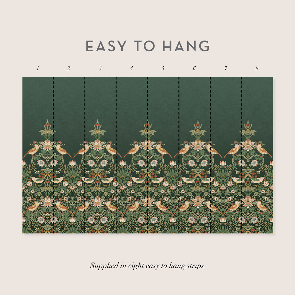 Non-woven wall mural, green, flowers, birds, 125310, William Morris At Home