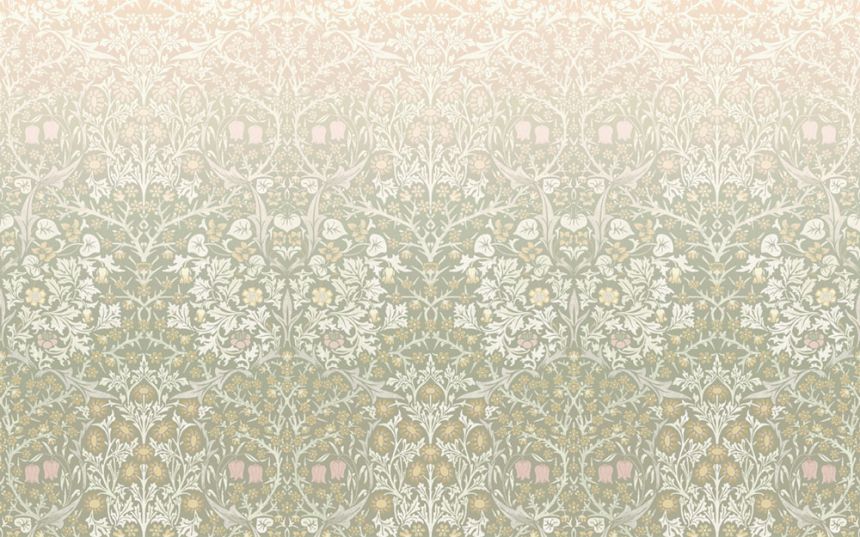 Non-woven wall mural, green-pink, flowers, birds, 125355, William Morris At Home