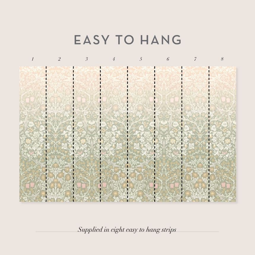 Non-woven wall mural, green-pink, flowers, birds, 125355, William Morris At Home