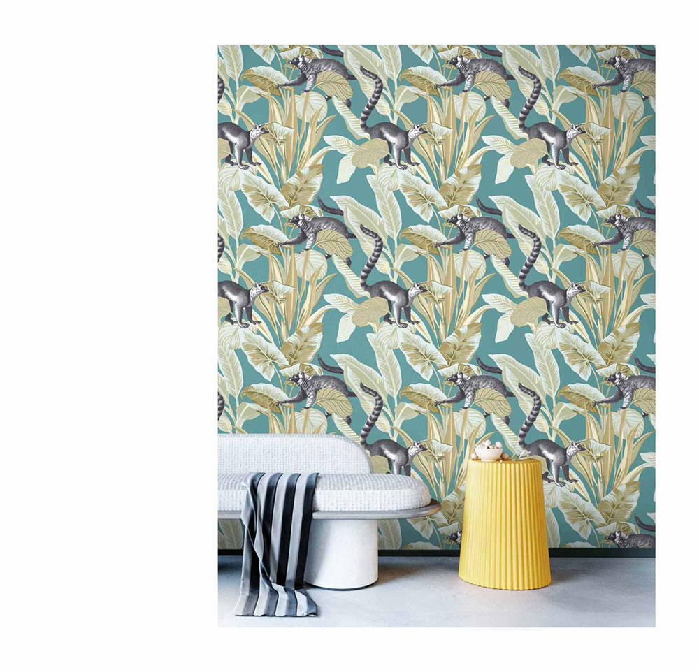Non-woven wallpaper, turquoise, leaves, animals, 15535, Botany House, Cristiana Masi by Parato