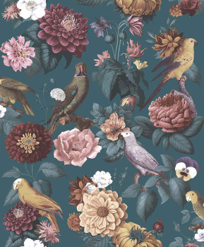 Non-woven wallpaper, blue, flowers, parrots, 15547, Botany House, Cristiana Masi by Parato
