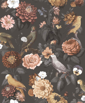 Non-woven wallpaper, black, flowers, parrots, 15549, Botany House, Cristiana Masi by Parato