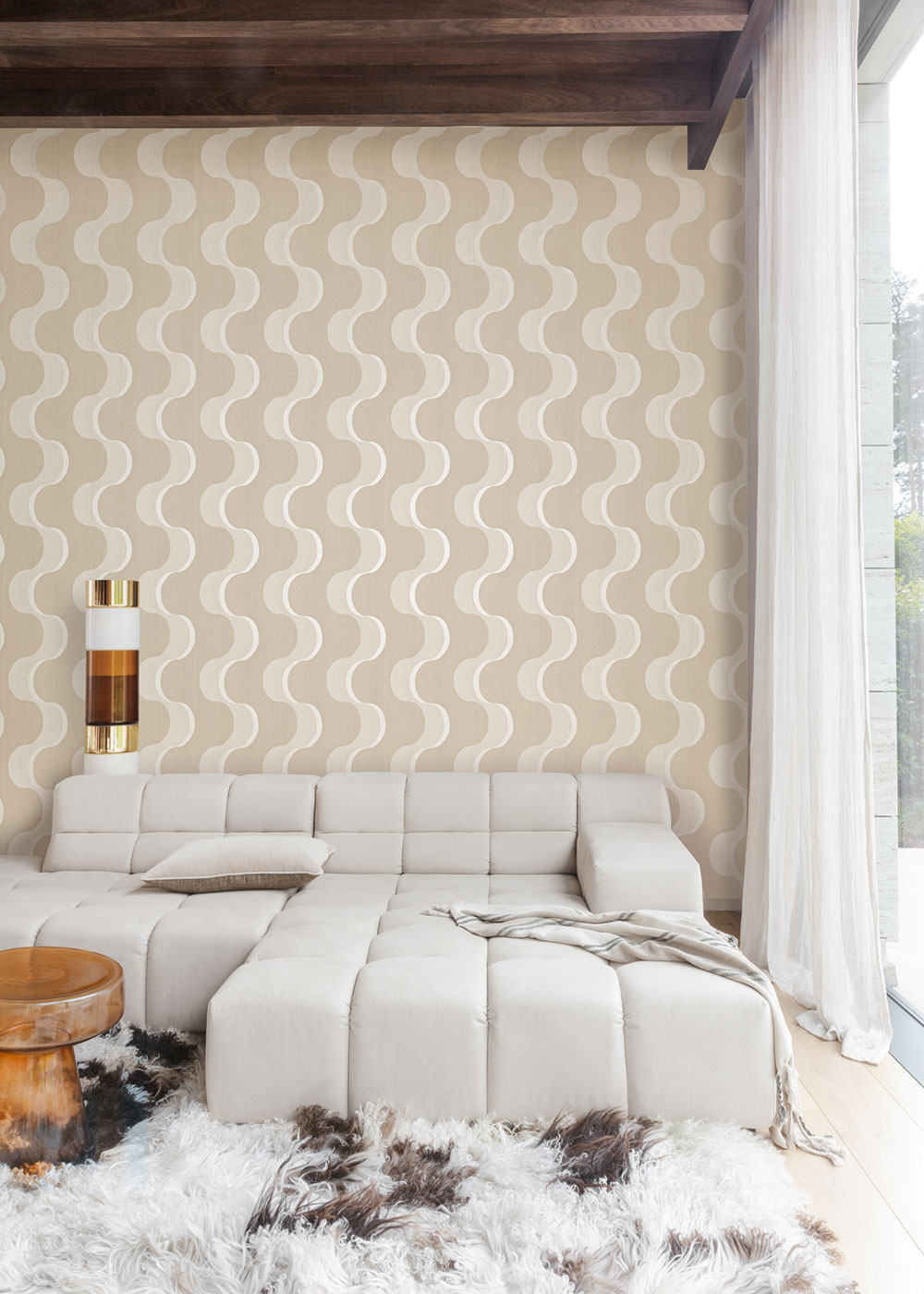 Non-woven wallpaper, beige, 3D waves, RHA101, Rhapsody, Masureel