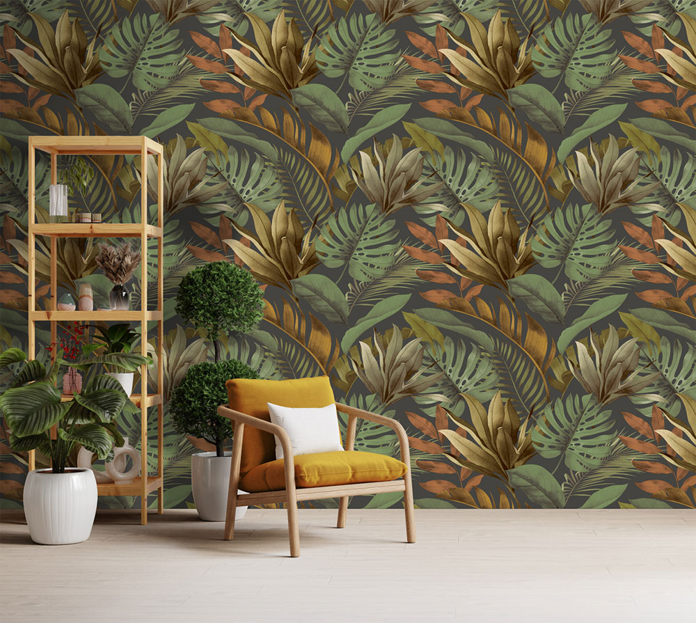 Non-woven wall mural, green-brown, leaves, FW4059-2, Feature Walls, Decoprint