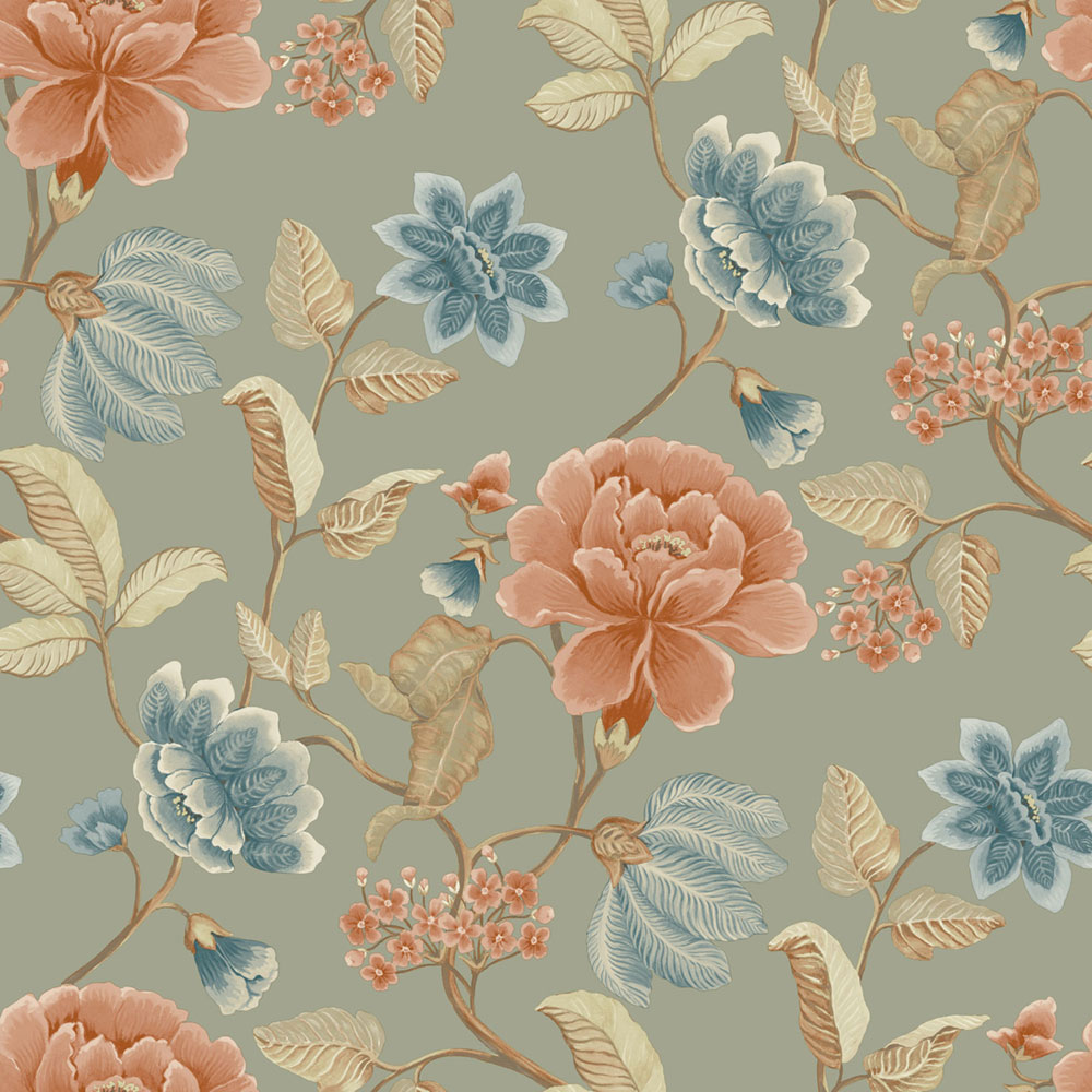 Non-woven wallpaper, grey-green, flowers, IC3103, Finest Selection, Vavex