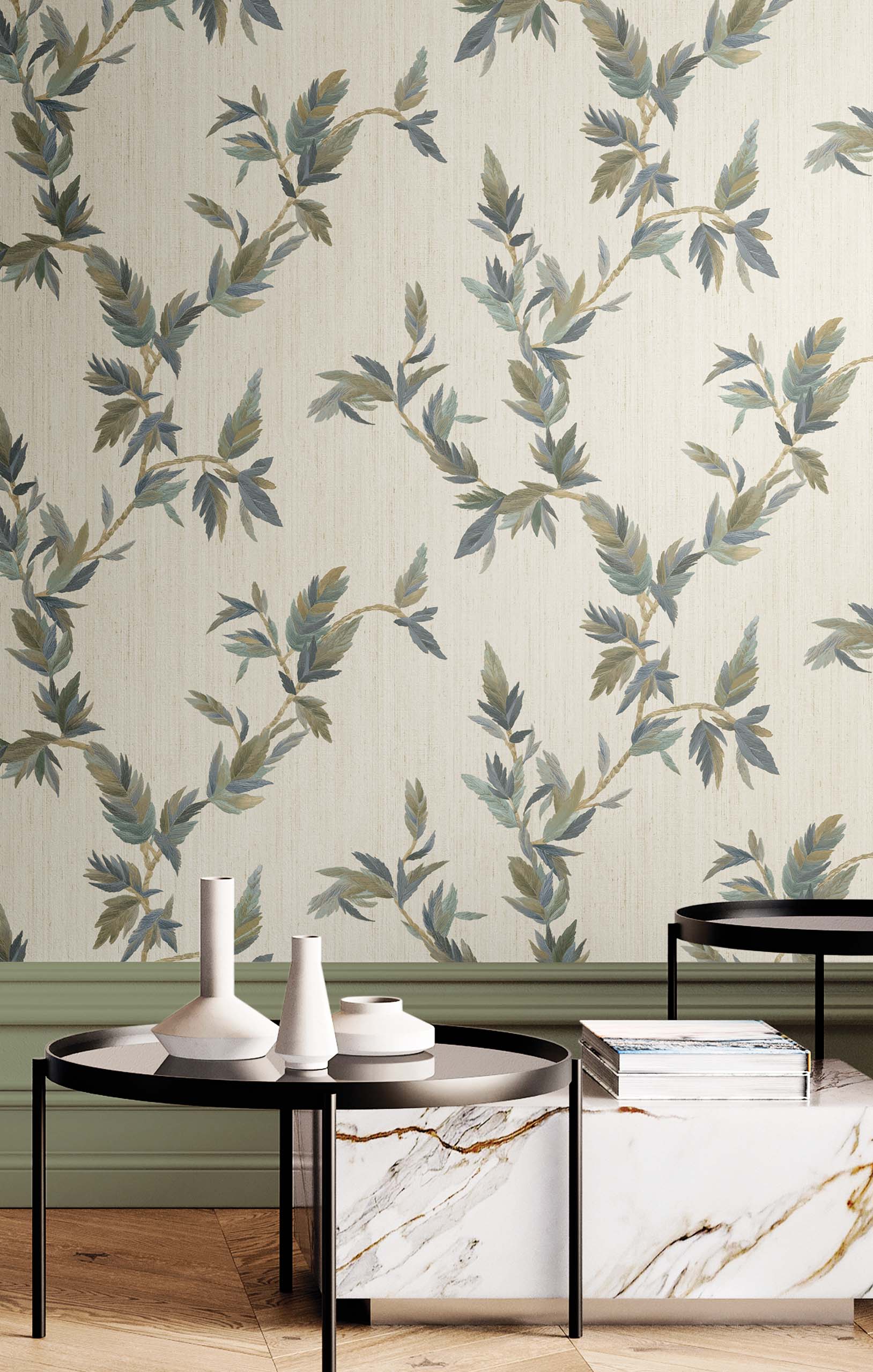 Wallpaper, beige-green-blue, leaves, 35915, Ornamenta, Parato by Cristiana Masi