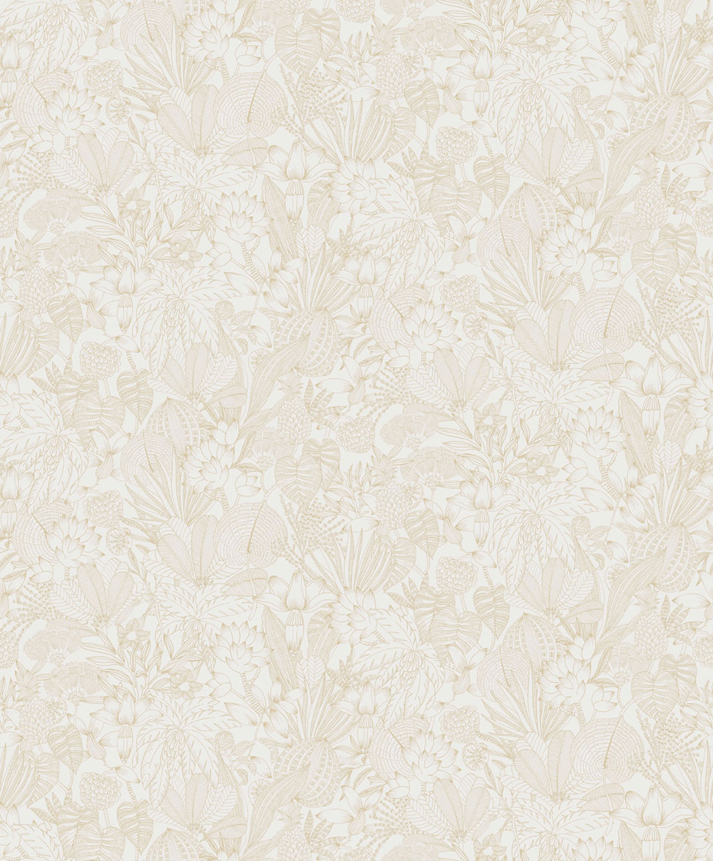 Non-woven wallpaper, white-gold, leaves, ROM102, Romance, Masureel