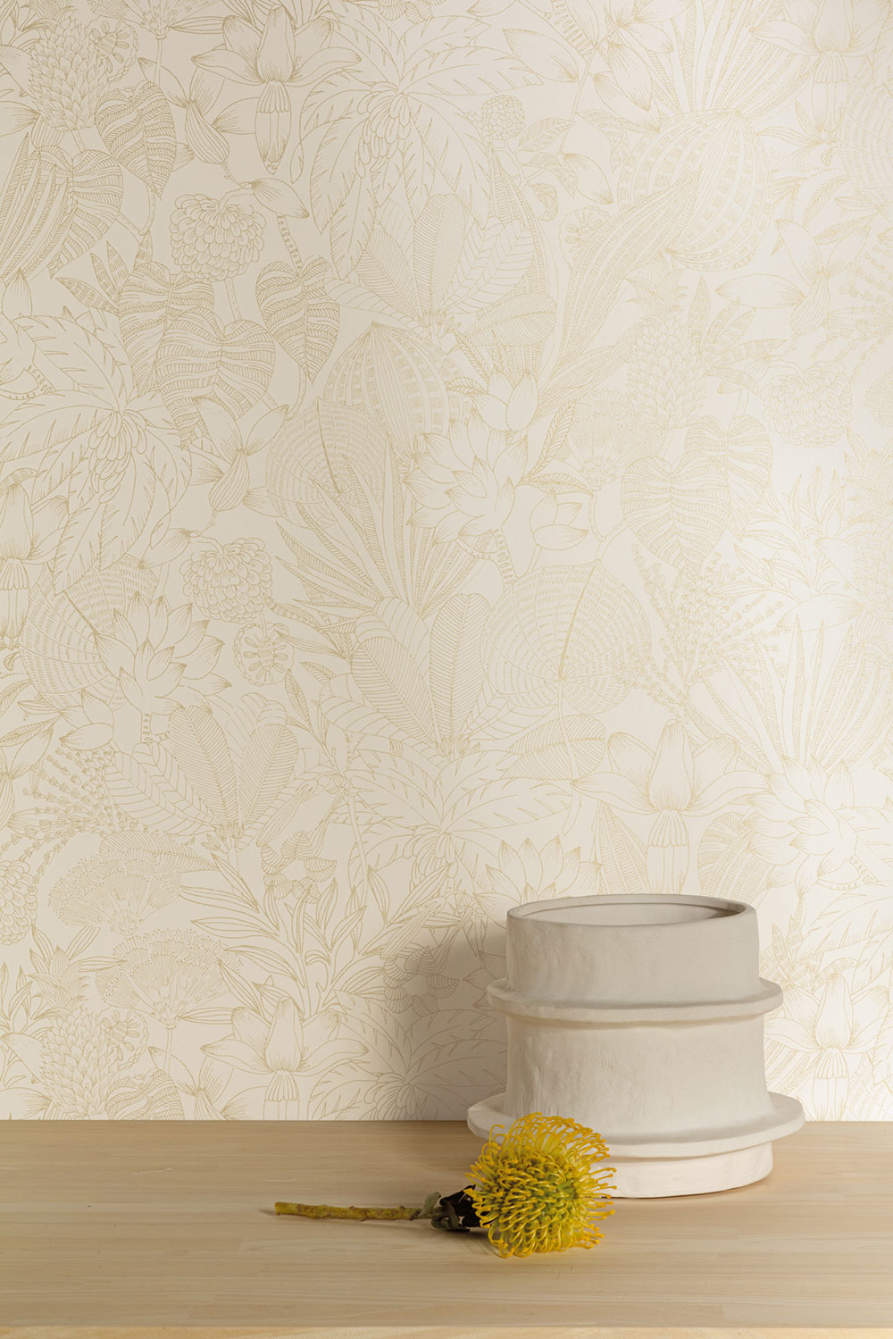 Non-woven wallpaper, white-gold, leaves, ROM102, Romance, Masureel