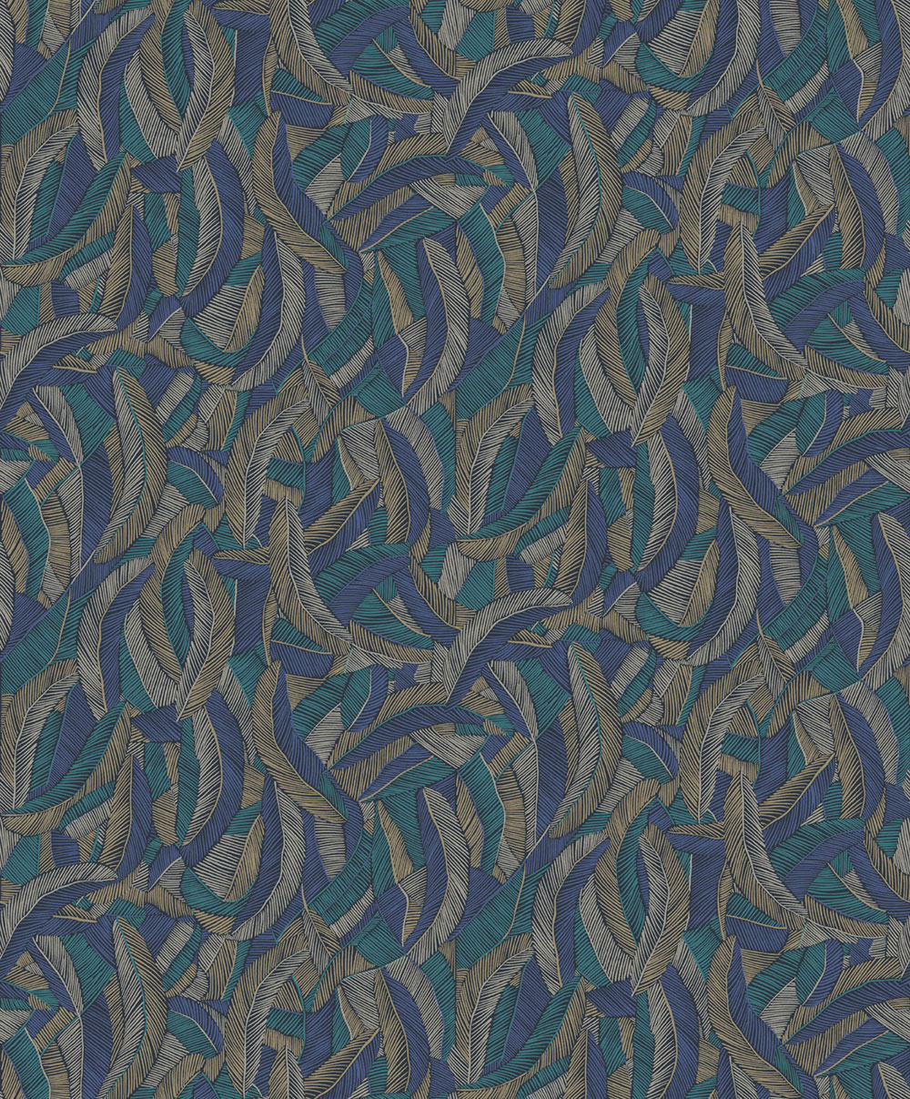 Non-woven wallpaper, blue-brown, leaves, feathers, ROM203, Romance, Masureel