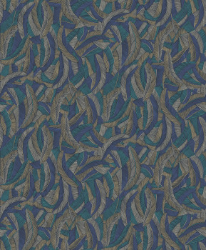Non-woven wallpaper, blue-brown, leaves, feathers, ROM203, Romance, Masureel