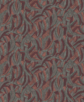 Non-woven wallpaper, grey-red, leaves, feathers, ROM204, Romance, Masureel