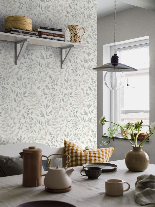 Wallpaper, grey-beige, leaves, 38727, Borosan Hem, Boråstapeter