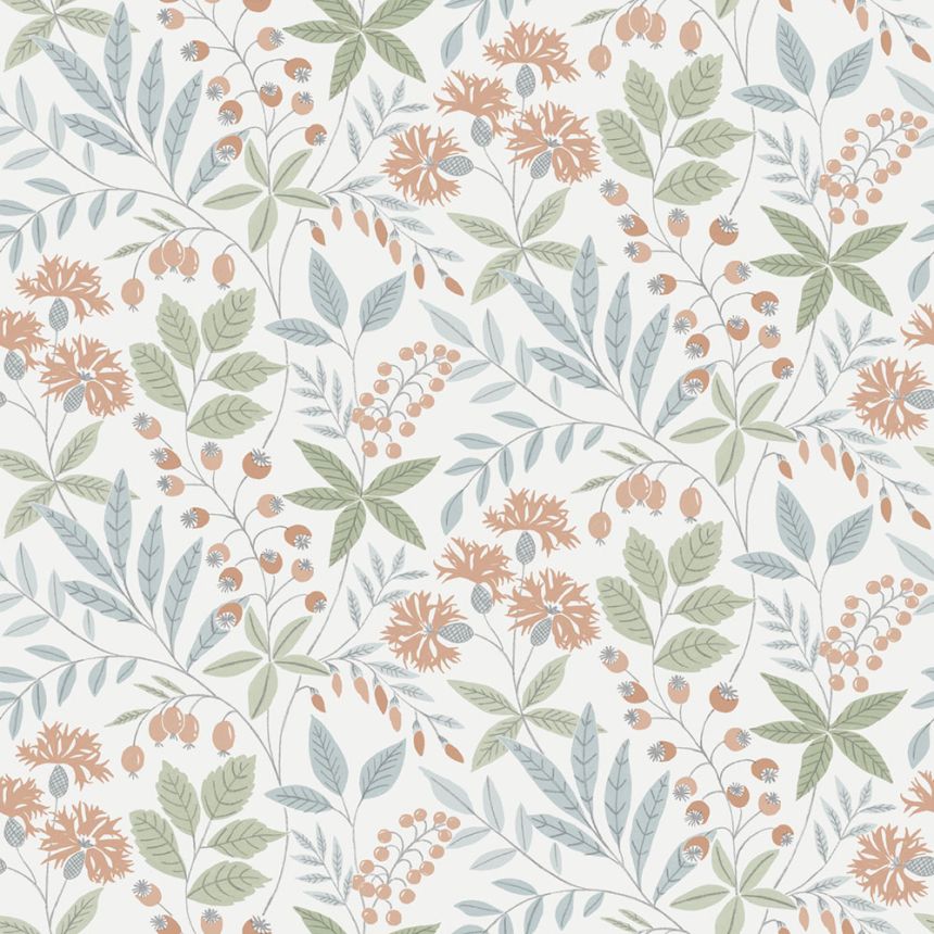 Wallpaper, blue-green, flowers, leaves, 38753, Borosan Hem, Boråstapeter