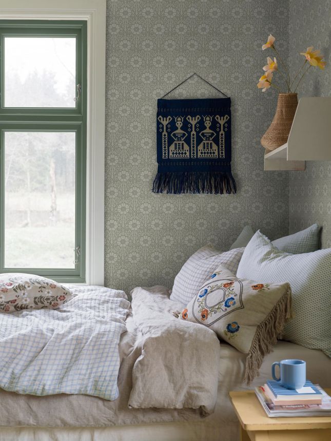 Wallpaper, green-white, flowers, 5811, Nordic Folk, Borastapeter