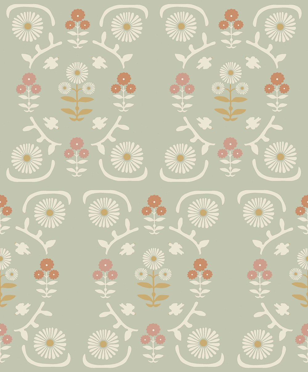 Wallpaper, green, flowers, 5820, Nordic Folk, Borastapeter