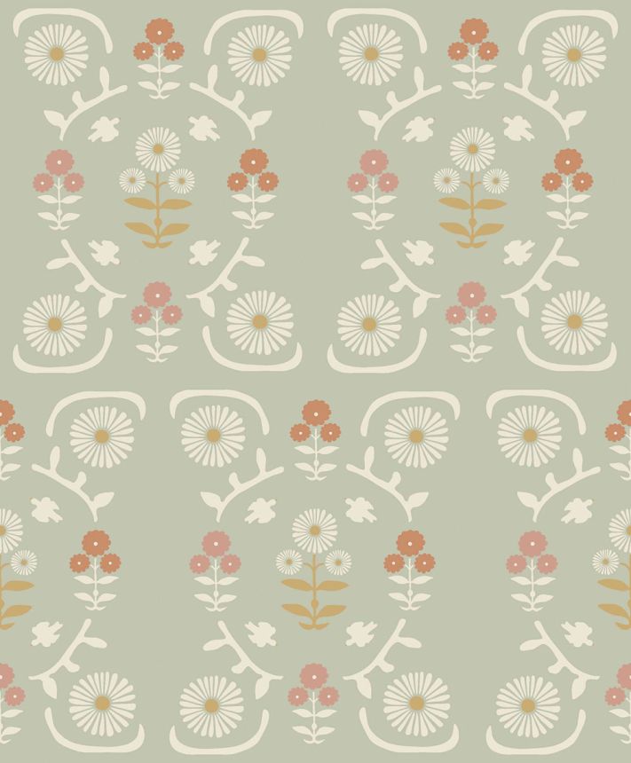 Wallpaper, green, flowers, 5820, Nordic Folk, Borastapeter