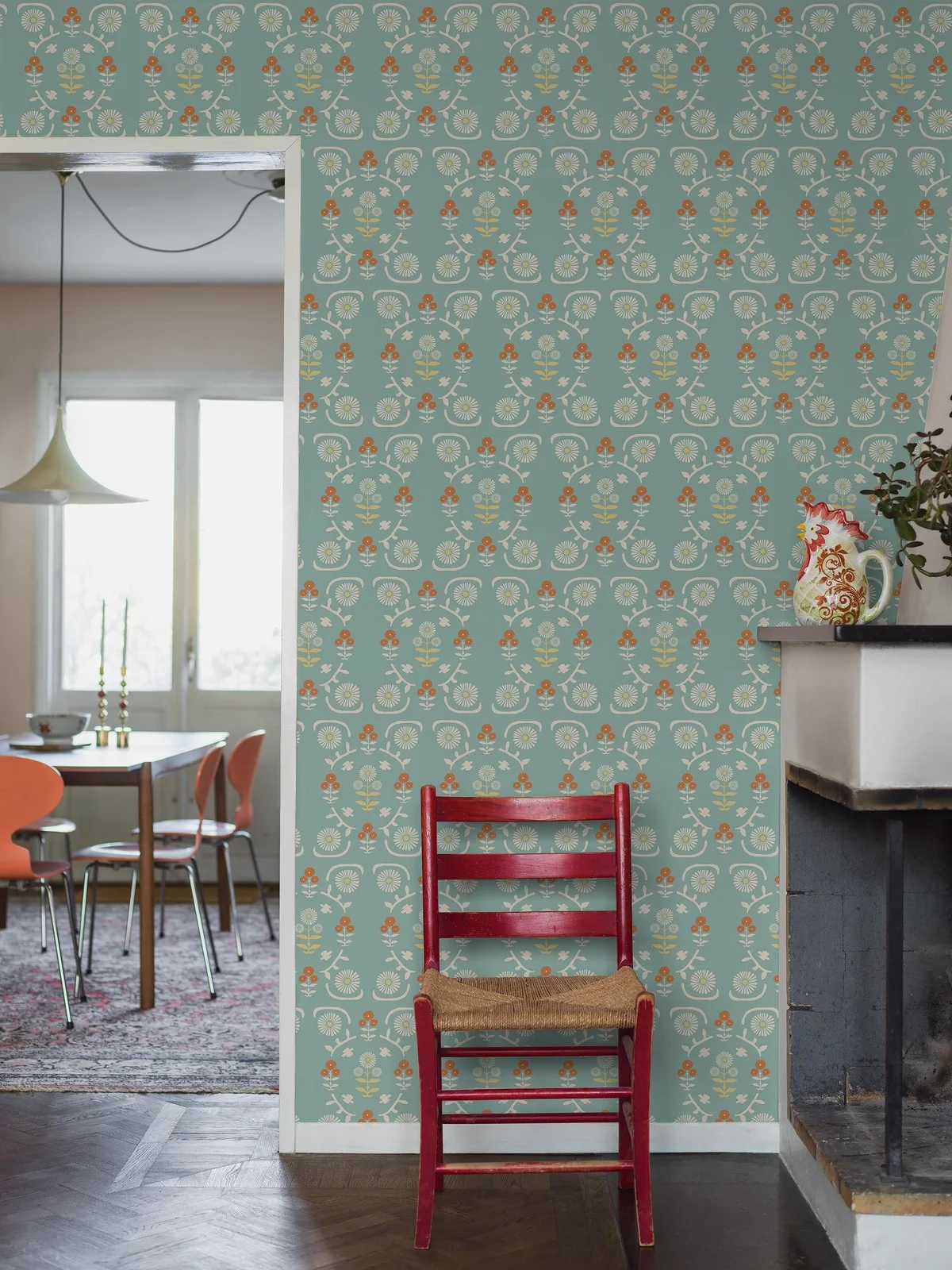 Wallpaper, blue, flowers, 5821, Nordic Folk, Borastapeter